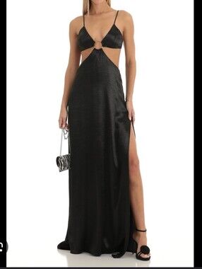 Lucy in the Sky Satin Cutout High Slit Ring Front Maxi Dress in Black Size XS